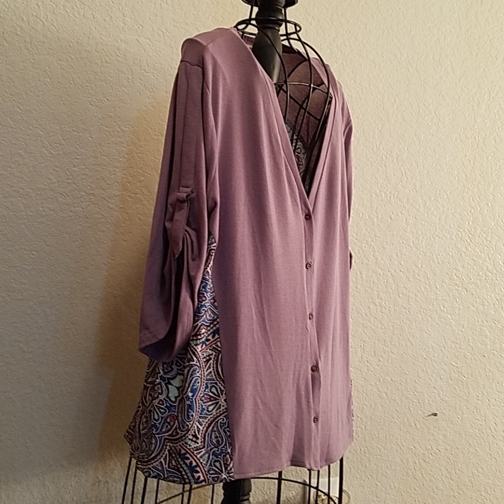 Democracy Ruched Tab Sleeve Print Back Cardigan L